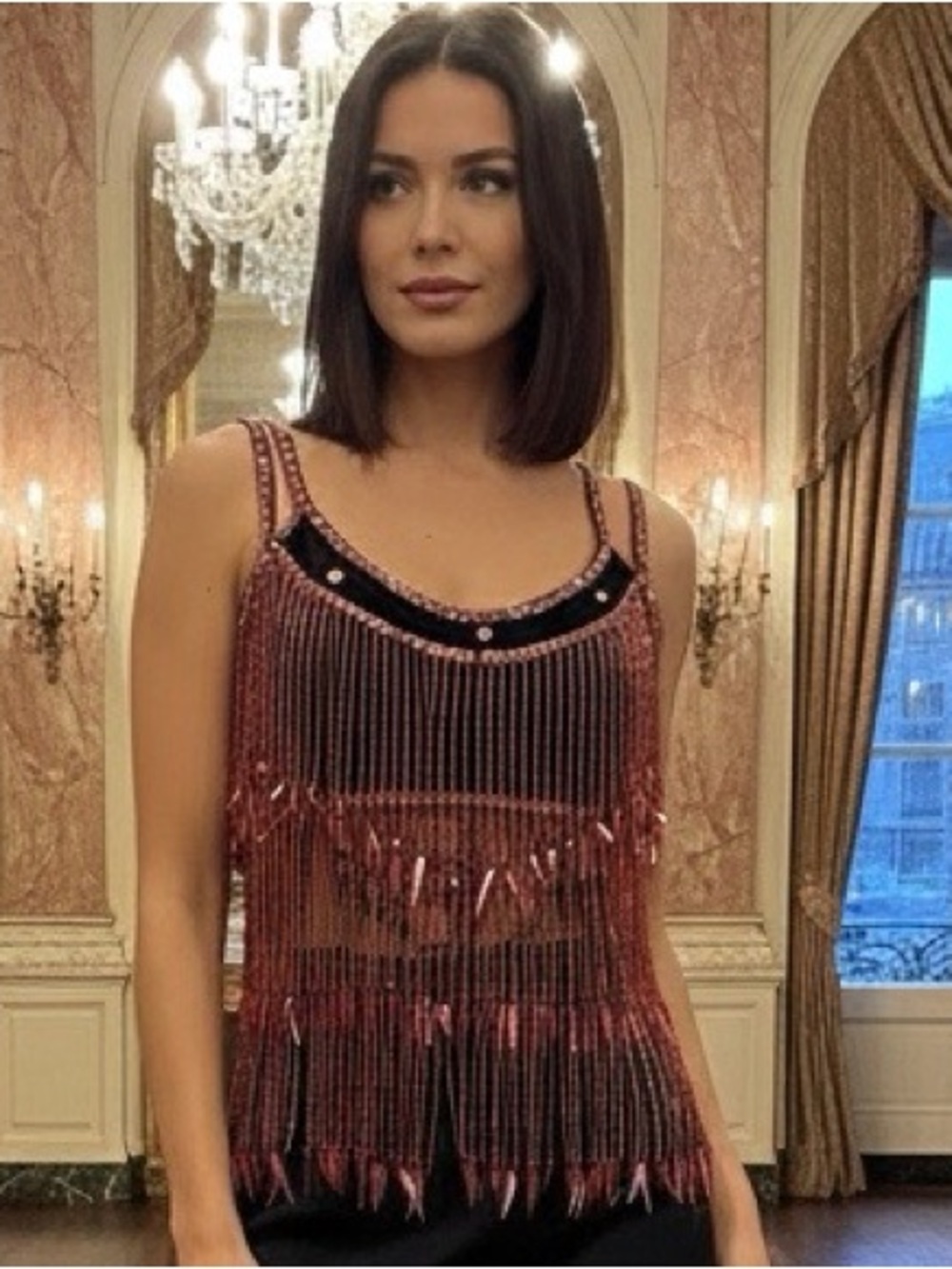 Beaded Fringe Tank Top in hot‎ fuschia and Black